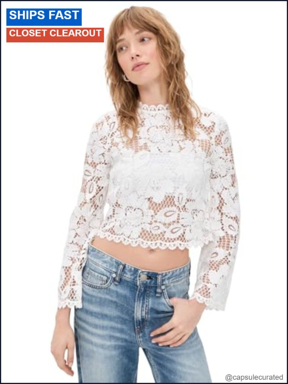 Self-Portrait Womens White Crochet Lace Top Long Bell Sleeves